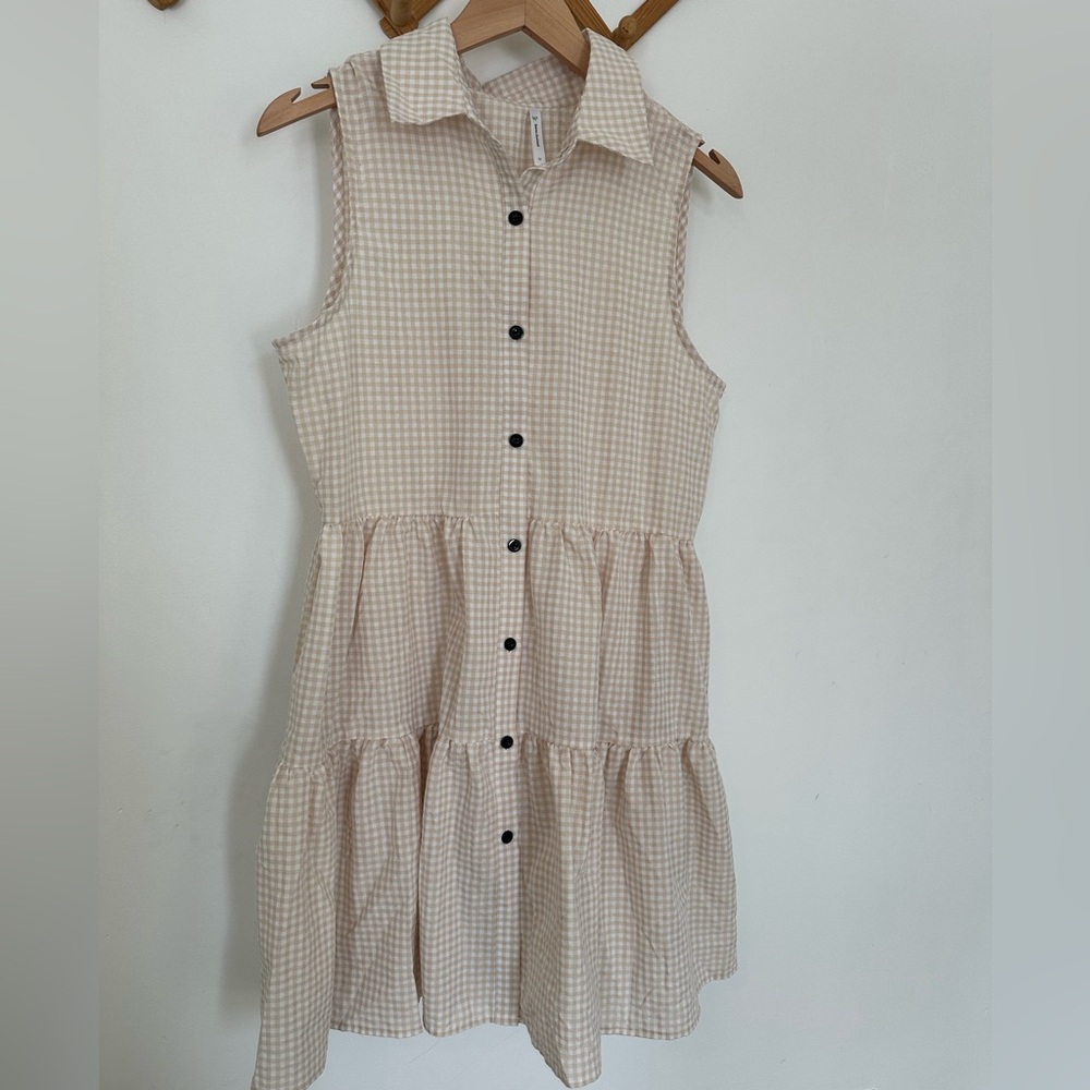 Sleeveless Beige Gingham Button-Up Dress